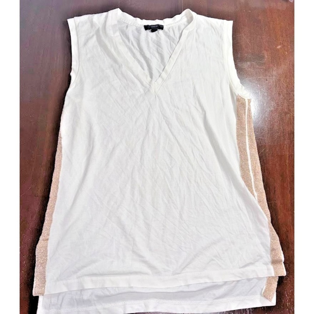 J Crew V Neck Sleeveless Cotton Tunic Tee W Gold Metallic‎ Side Stripes